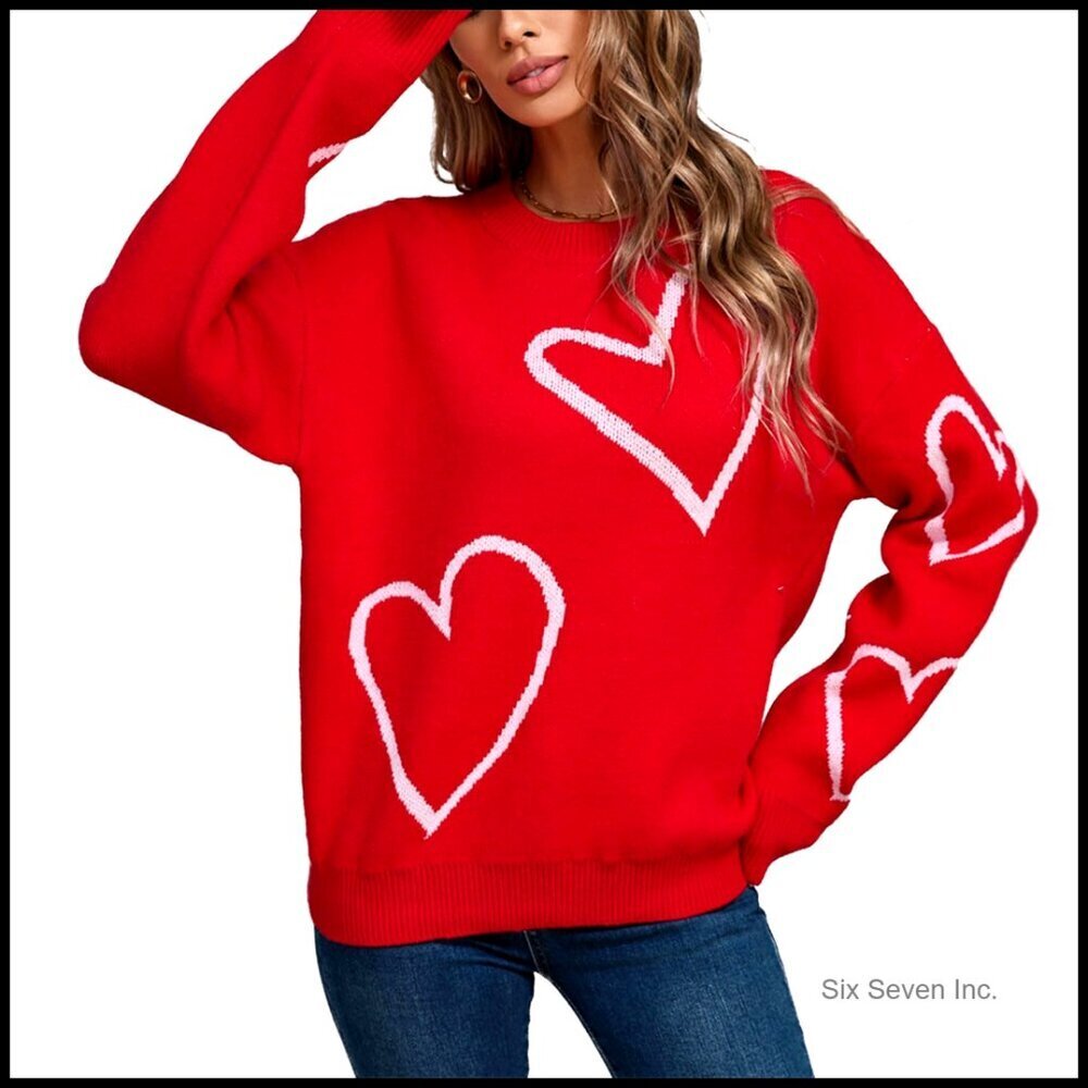 Oversized Heart Print Sweater Y2K Knit Pullover Long Sleeve Crewneck Tops